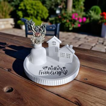 Dekoteller Endlich Frühling Set mit geriffelter Vase / Stabkerzenhalter rundes Tablett mit Rillen zwei Lichthäuser Strandhäuser - Artikel-Nr. 1100067